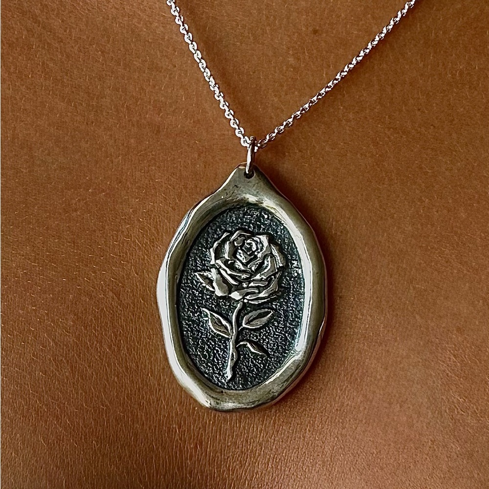 Wax Seal Stamp Pendant - Romantic Rose - Sterling Silver - Handmade